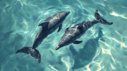 Obraz premium two dolphins swimming in clear blue water, sunlight shines down from above.