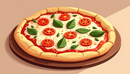 &ldquo;Vector image of a pizza with bright vegetables and melted cheese, designed in a minimalist style with an emphasis on textures and contrasting colors.&rdquo;
