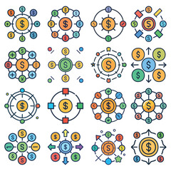 An illustrated financial dollar icon collection features sleek, stylized designs of dollar symbols, coins, and bills, perfect for finance apps, websites, marketing and Vibrant colors, 