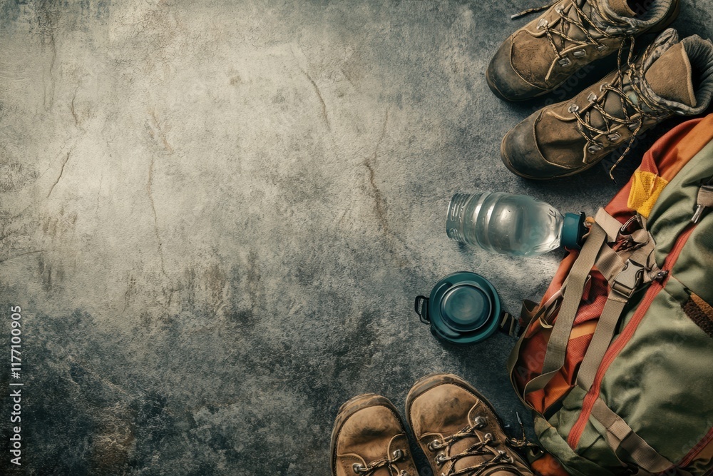 Poster essential backpacker gear laid out for a hiking adventure in nature with copy space for personalized