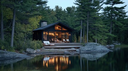 Obraz premium Lakeside Cabin Retreat: Serene Evening at a Modern Lake House