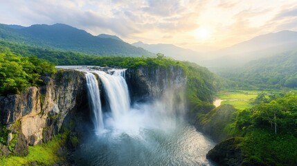 Fototapeta premium The deep rain forest jungle waterfall cascades down a series of lush green cliffs, feeding into a crystal clear pool below surrounded by vibrant, diverse flora and fauna.