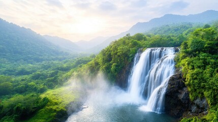 Fototapeta premium The deep rain forest jungle waterfall cascades down a series of lush green cliffs, feeding into a crystal clear pool below surrounded by vibrant, diverse flora and fauna.