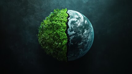 Divided earth a half-green half-barren planet amidst environmental crisis abstract dark conceptual view