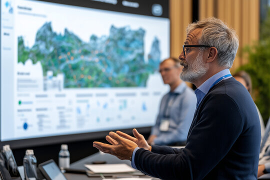 man presents data in modern conference room, engaging with colleagues. large screen displays detailed map, highlighting various points of interest