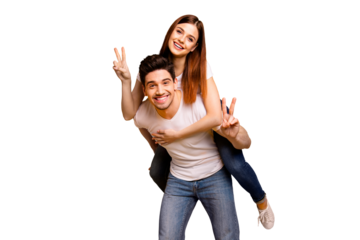Portrait of his he her she two nice attractive cheerful cheery optimistic people having fun vacation holiday showing v-sign isolated over vivid shine bright yellow background