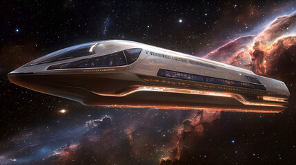 Naklejka premium Futuristic spaceship traversing a vibrant nebula.