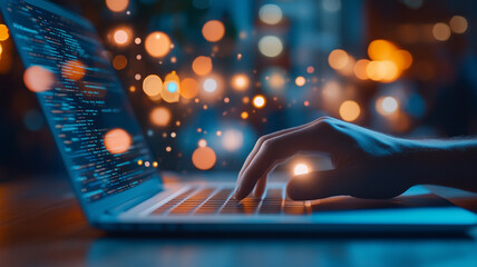 person typing on laptop with glowing code and bokeh lights in background, creating vibrant and tech savvy atmosphere