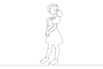 A child with a large mug with a glass in his hands. Little girl in a dress.One continuous drawing line  logo single hand drawn art doodle isolated minimal illustration.