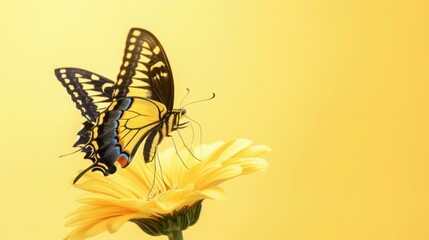 Swallowtail Butterfly on Yellow Flower with Bright Solid Background