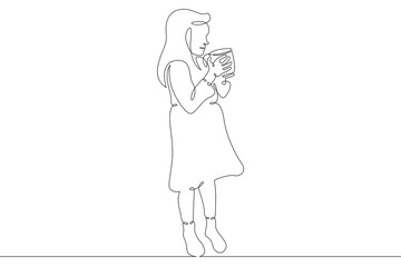 A child with a large mug with a glass in his hands. Little girl in a dress.One continuous drawing line  logo single hand drawn art doodle isolated minimal illustration.