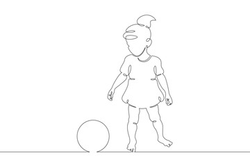Little child plays with a ball. Childrens games. One continuous drawing line  logo single hand drawn art doodle isolated minimal illustration.