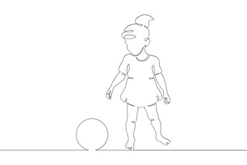 Little child plays with a ball. Childrens games. One continuous drawing line  logo single hand drawn art doodle isolated minimal illustration.