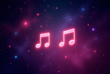 Neon musical notes glowing against a cosmic background