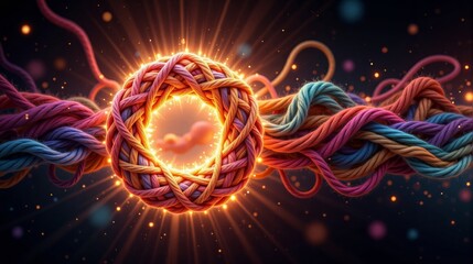 Intricate colorful rope ball with glowing aura and dynamic strands on a dark background