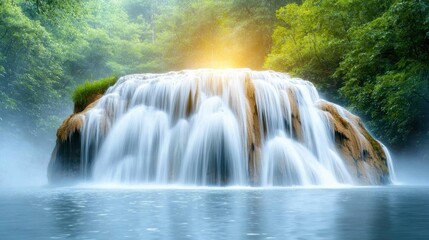 Fototapeta premium The moonlight reflects off the cascading water, giving the waterfall a soft, ethereal glow as it plunges into the dark pool below.