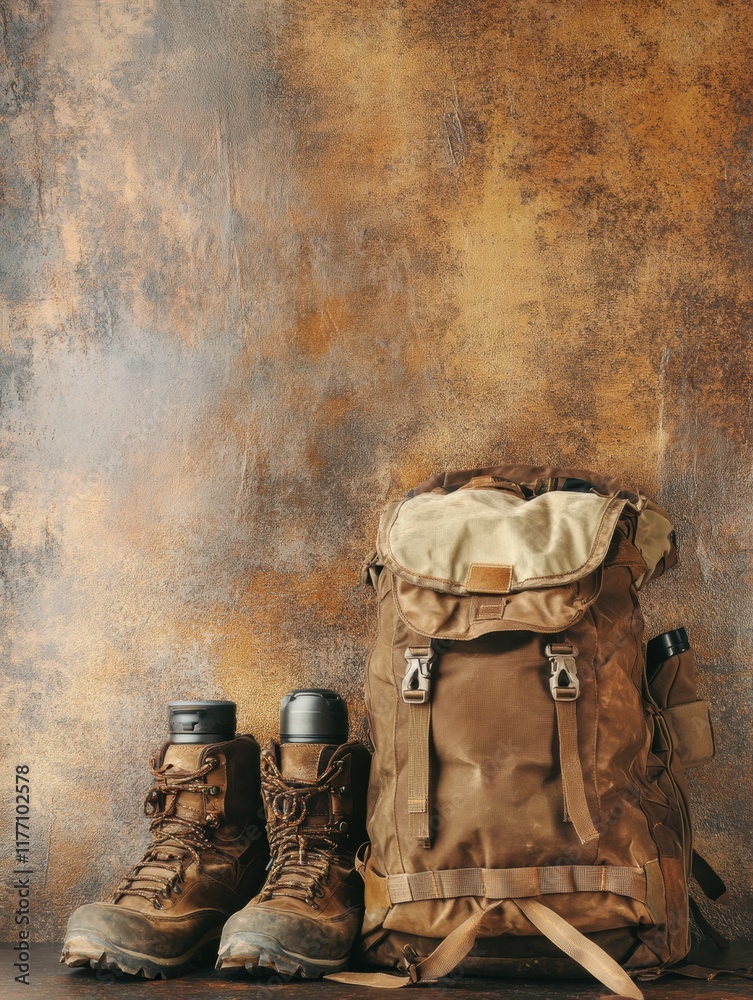 Poster essential backpackers gear including hiking backpack and sturdy boots on a textured background with 