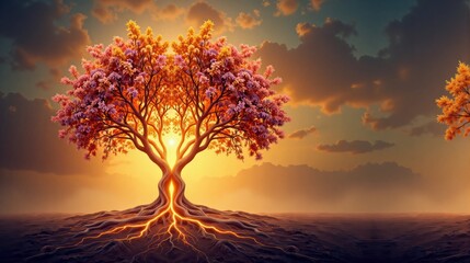 Obraz premium Vibrant tree with glowing roots and blossoms, magical atmosphere, serene background