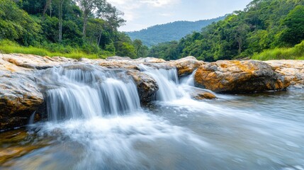 Fototapeta premium Mok Fah Waterfall cascades down a series of rocky cliffs, creating a mesmerizing display of rushing water and soothing sounds amidst the lush greenery of the surrounding forest.