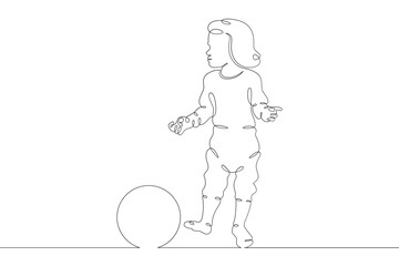 Little child plays with a ball. Childrens games. One continuous drawing line  logo single hand drawn art doodle isolated minimal illustration.