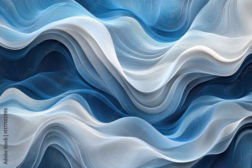 Aufkleber Abstract waves with flowing lines showcasing varying heights and curves in cool blue and white tones. Generative AI