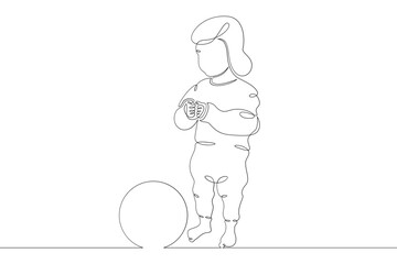Little child plays with a ball. Childrens games. One continuous drawing line  logo single hand drawn art doodle isolated minimal illustration.