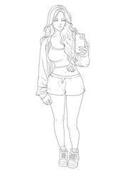 Women and fashion with selfies, manga style, line drawings
