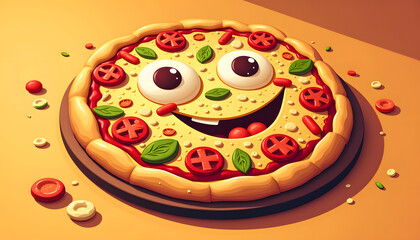 Vector illustration of a smiley face pizza where the ingredients are funny faces, with bright and saturated colors to attract attention
