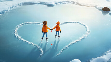 couple ice skating on frozen lake, creating heart shapes