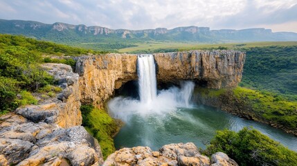 Fototapeta premium The picturesque scene features an impressive waterfall cascading gracefully down a rugged cliff, surrounded by lush greenery and rugged rocks jutting out from the earth.