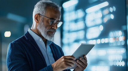 Innovative businessman using tablet in modern office environment, focused on digital data analysis and technology trends