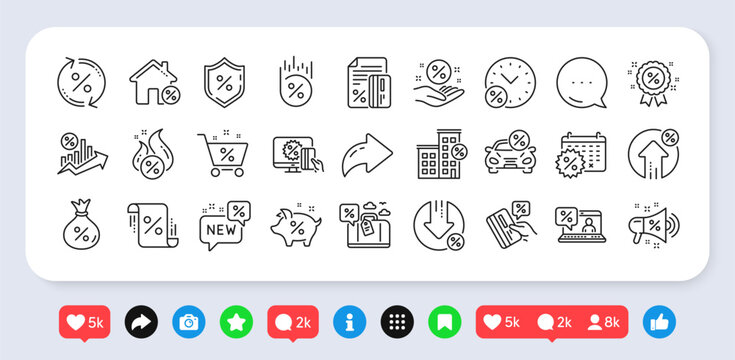 Loan line icons. Social media: share, comment, like icons. Set of Interest rate, Investment and Percentage diagram linear icons. Car leasing, analytics plan, Credit card percent and loan rate. Vector