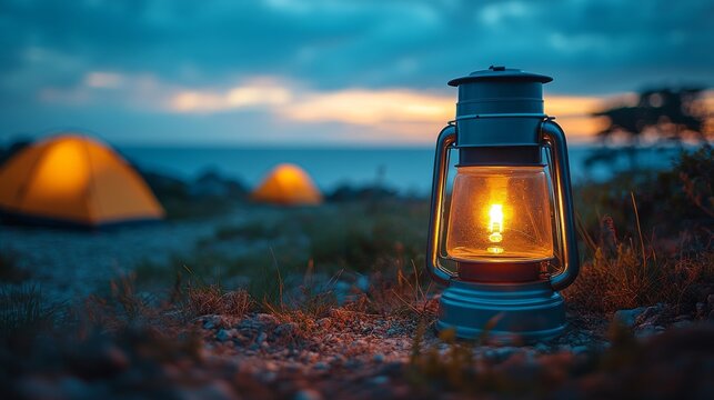 Cozy lantern lighting the shore by a peaceful lake at dusk near a camping tent