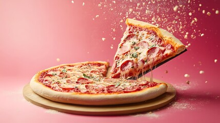 Pizza with magic book isolated on a colorful background