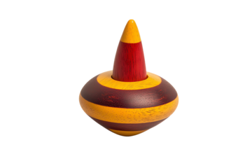 A colorful spinning top with alternating stripes and a conical peak, showcasing vibrant red, yellow, and brown hues.