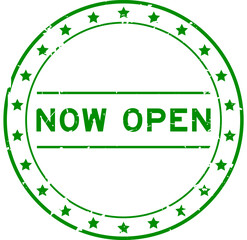 Grunge green now open word round rubber seal stamp on white background