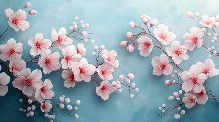 Obraz premium Pink cherry blossoms on branches against a textured blue background, ideal for wall murals