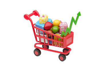 A colorful shopping cart filled with various groceries and a rising graph symbolizing growth.