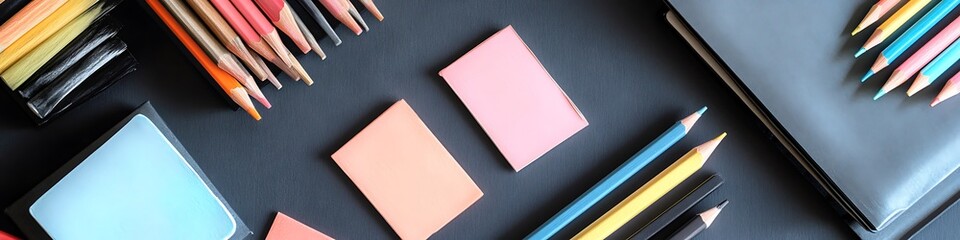 A creative flat lay of sketch pads charcoal pencils and pastel sticky notes