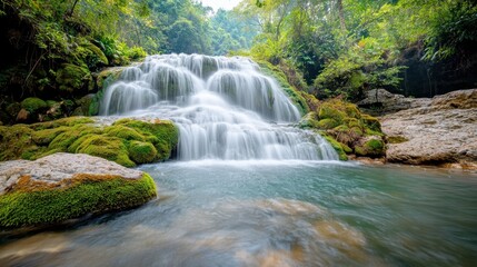 Fototapeta premium A majestic cascade of crystal clear water flows gracefully down a series of lush green moss covered rocks