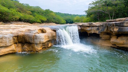 Naklejka premium The deep forest waterfall in Kanchanaburi cascades down layers of rock, surrounded by lush green vegetation, creating a serene and breathtaking natural oasis.