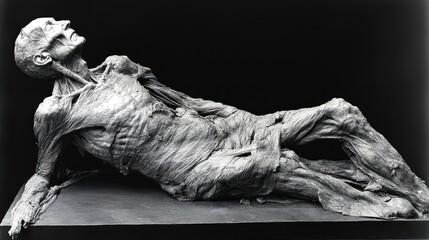 Reclining emaciated figure sculpture, dark background, art museum display