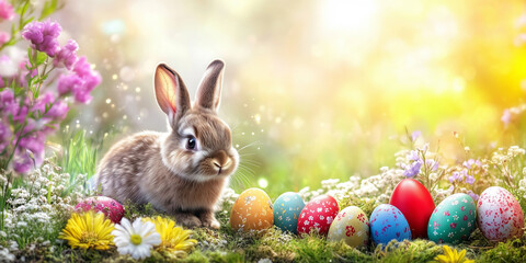 Easter Bunny with eggs on a meadow in spring greeting card with copyspace copy space banner
