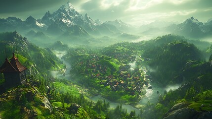 Fototapeta premium Mountain village aerial view, misty valley, river.