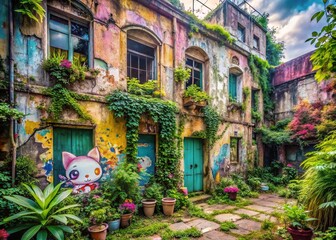 Obraz premium Adorable Abandoned Building, Cute Urban Exploration, Whimsical Graffiti, Playful Decay, Charming Ruin, Small Details, Pastel Colors