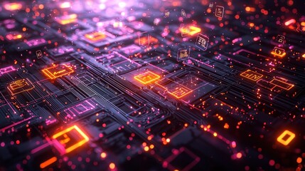 Naklejka premium Glowing circuit board with data icons flowing above, signifying data processing and digital technology