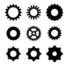 Gears shapes line icons. Flat machine gear icon. Wheel cogwheel vector. Simple outline isolated elements. Black gear.