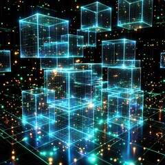 Fototapeta premium Glowing cubes floating on grid with particle background, digital data storage concept