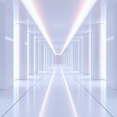 A futuristic white corridor with glowing accents, evoking advanced technology and a showroom atmosphere.