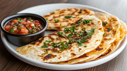 Delicious cheesy quesadillas served with fresh salsa and herbs